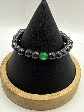 Y2K Grunge Goth Metallic Black Beaded Bracelet Witchy Cyber Jade Green Focal